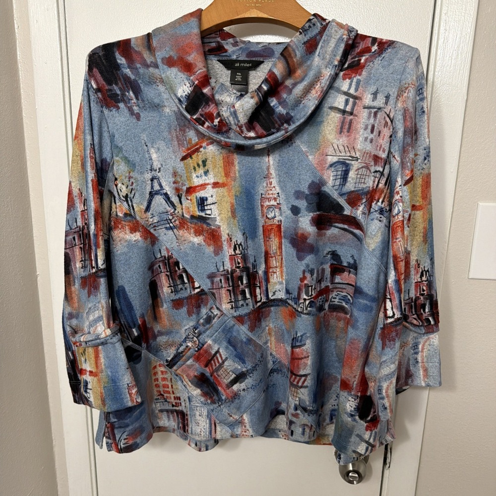 NWT Ali Miles Gray/ABSTRACT VILLAGE Brushed Knit Top COWL Neck Sweater PXL